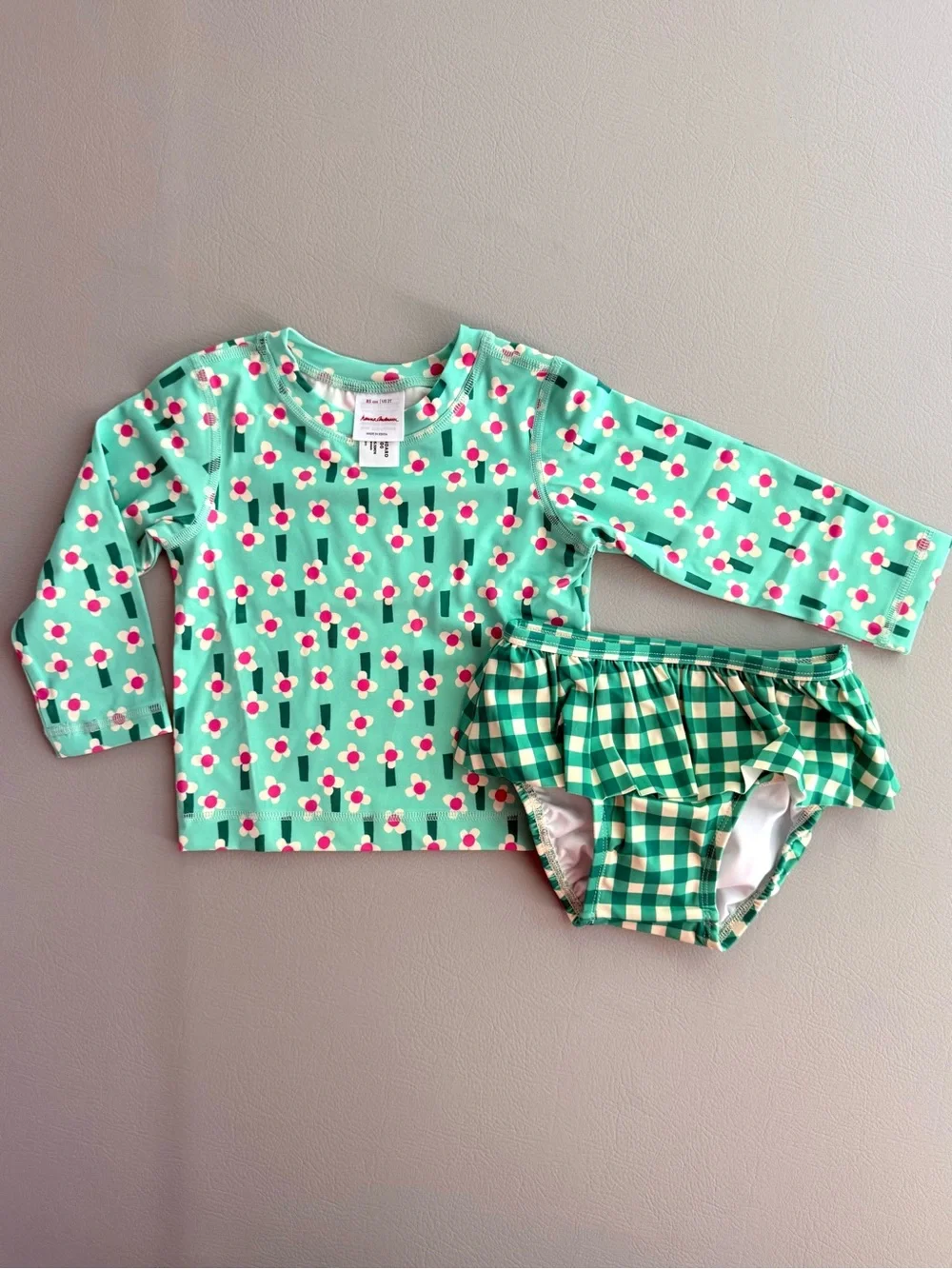 Hanna Andersson Rashguard & Skirted Bikini Bottoms Set Flowers on Green 2T - New